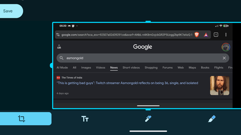 A screenshot of the quick edits page for a screenshot on a Google Pixel