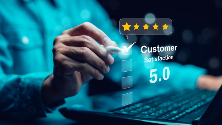 Holograph of customer satisfaction box and five star ratings