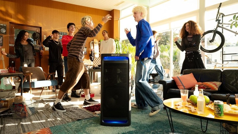 The Sony ULT Tower 9 in the middle of a party.