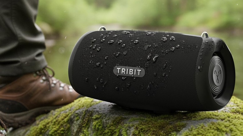 The Tribit Stormbox Lava placed on a rock outdoors.