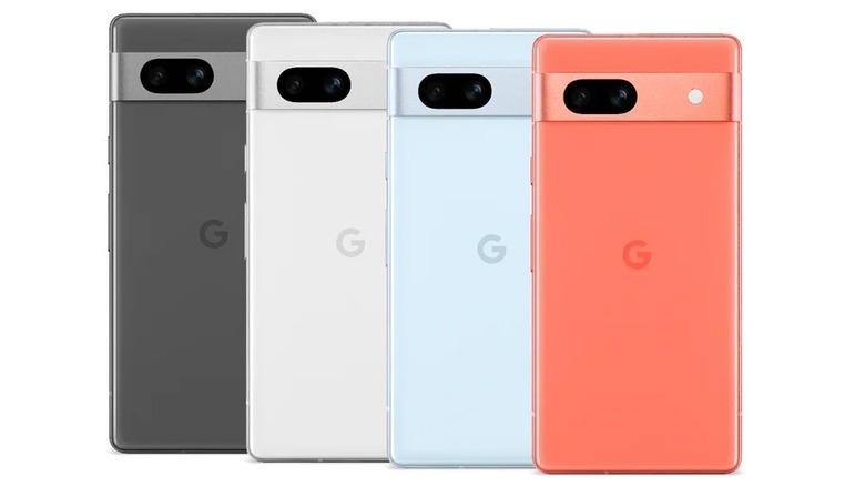 back panels of the Google Pixel 7a in black, white, blue and red
