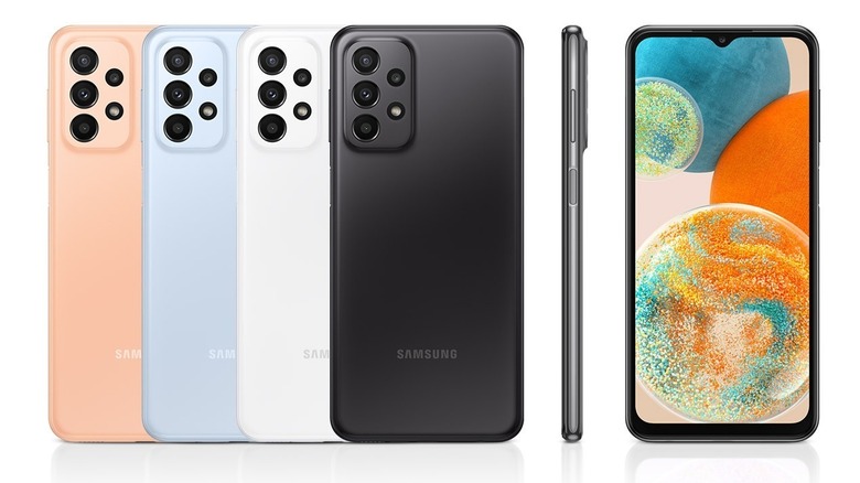 Galaxy A23 rear panel in orange, silver, black and light blue