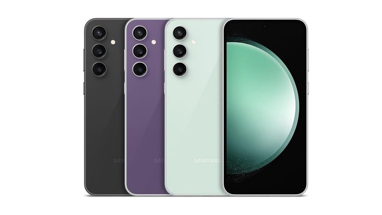 back panels of the Galaxy S23 FE in purple, black, and green