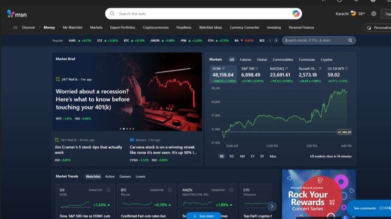A screenshot of the Microsoft News app showing the finance section