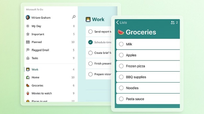A screenshot of the Microsoft To Do app showing a groceries list and a To Do dashboard in two separate windows