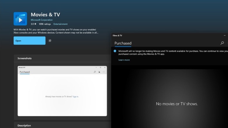 A screenshot of the Microsoft Store app showing the Movies & TV app details