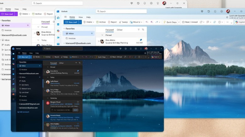 A screenshot of the new Microsoft Outlook showcasing the Inbox in three different themes.