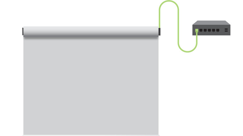 Illustration of a motorized shade connected to a network switch using a green Ethernet cable.