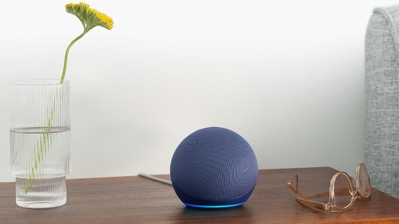 Blue Echo Dot placed on wooden table between house plant and glasses