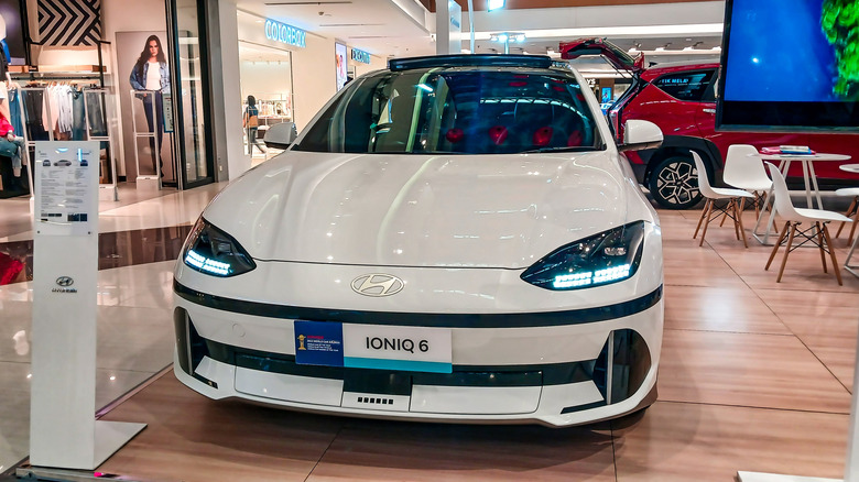 2024 Hyundai IONIQ 6 in white color displayed at a car show.