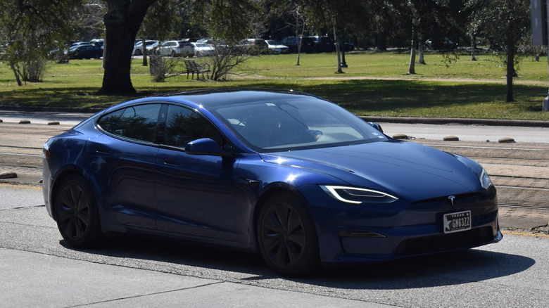2025 Tesla Model S cruising near a park.