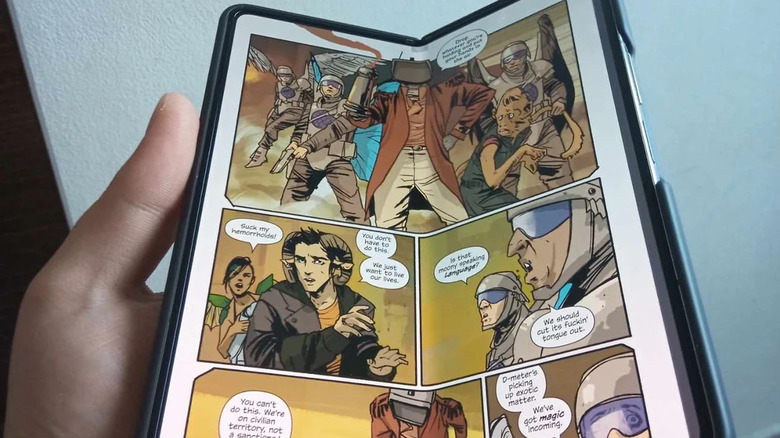 Reading a comic on a partly-folded phone