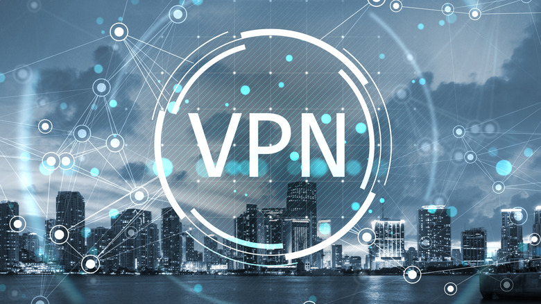A graphic representing VPN routing overlaid on a city skyline on a lake.