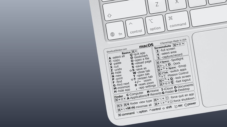 The Synerlogic macOS Reference Keyboard Shortcut Sticker placed on a silver MacBook Air.