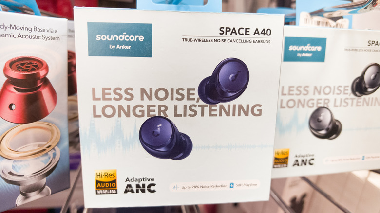 Soundcore wireless earbuds in a retail display