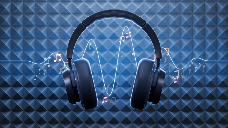 Headphone graphic showing music notes to represent music playing