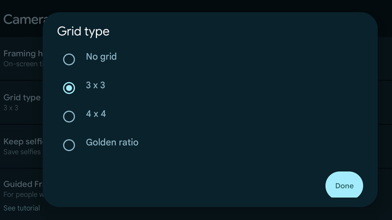 A screenshot of a Pixel's camera settings, with "Grid type" selected