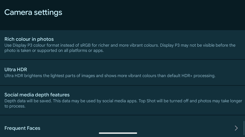 A screenshot of a Pixel's camera settings, with focus on the options "Rich colour in photos" and "Ultra HDR"