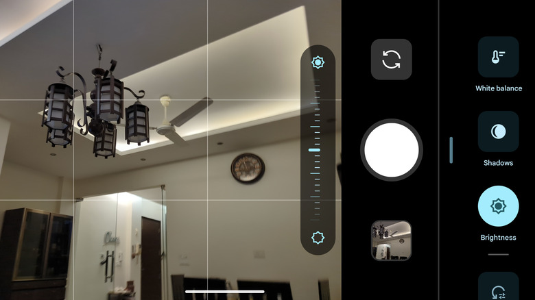 A screenshot of a Pixel's camera, with its brightness, shadows, and white balance settings visible