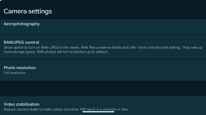 A screenshot of Pixel's camera settings, with a focus on "RAW/JPEG control" and "Photo resolution"