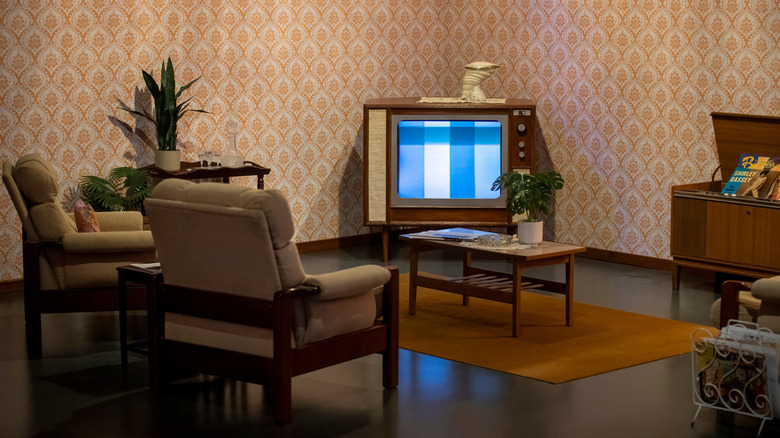 A retro living room styled according to the trends of the 1970s.