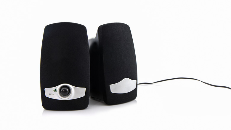 A pair of black computer desktop speakers on white background