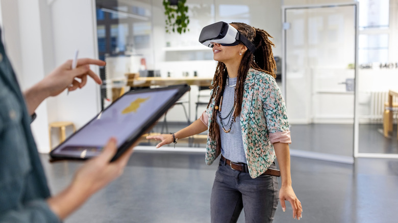 Woman wearing virtual reality headset