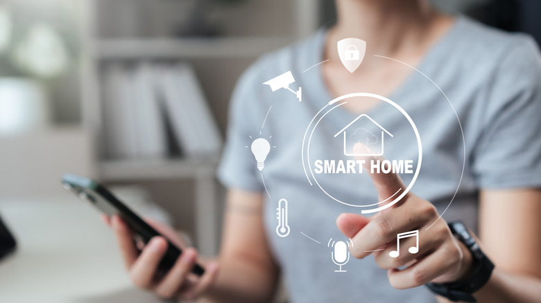 A visual depiction of a person using a smartphone to control their smart home