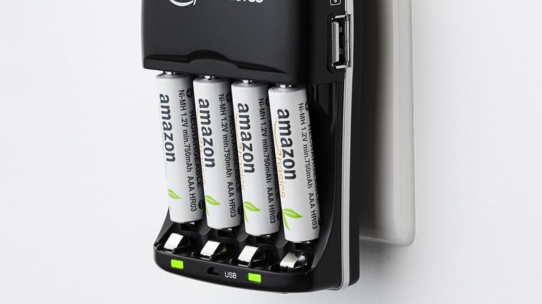 Amazon Basics rechargeable batteries in an Amazon Basics battery charger