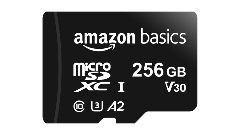 Amazon basics microsd card in front of white background