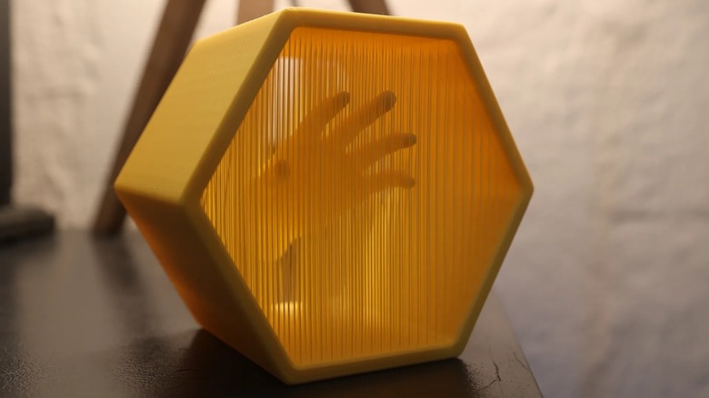 A 3D printed hexagonal box with a hand appearing to float inside