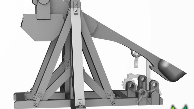 A render of a 3D printable desktop trebuchet