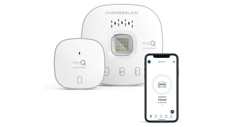 White Chamberlain smart garage door sensors and smartphone