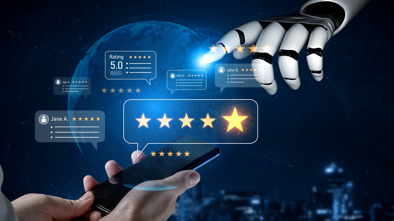 Holographic image of customer ratings and review boxes against a robotic background.
