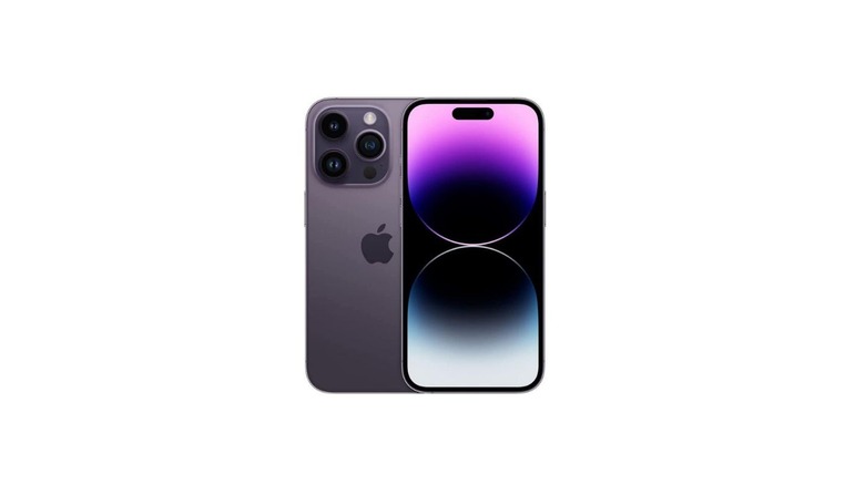 An iPhone 14 Pro in Deep Purple; a dark and metallic shade of purple