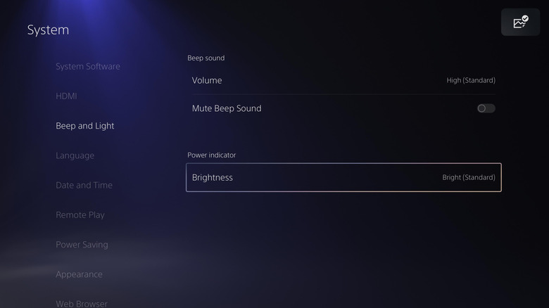 A screenshot of the "Brightness" option highlighted under the PlayStation 5's "Beep and Light" settings