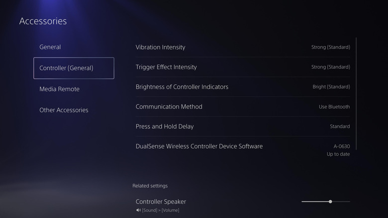 A screenshot of the "Controller (General)" menu options under the PlayStation 5's "Accessories" settings