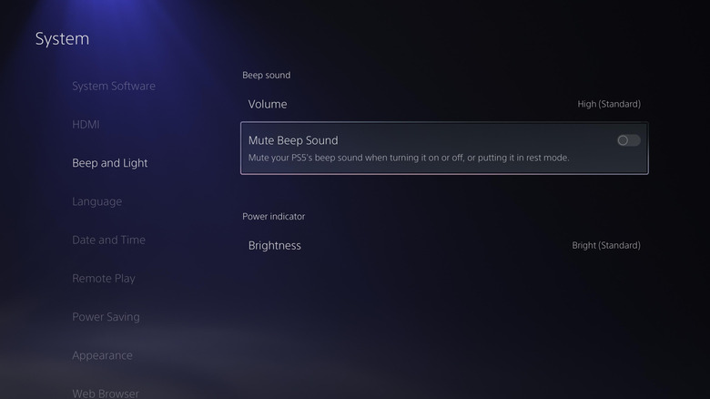 Screenshot of the "Mute Beep Sound" option highlighted under the PlayStation 5's "Beep and Light" settings