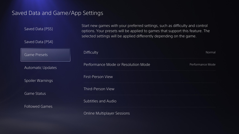 A screenshot of the "Game Presets" menu options on the PlayStation 5