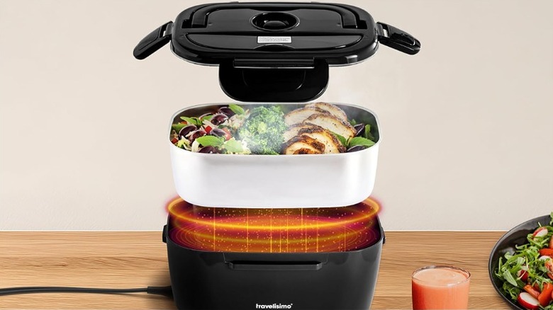 Different parts of an electric lunch box consisting of food in the tray