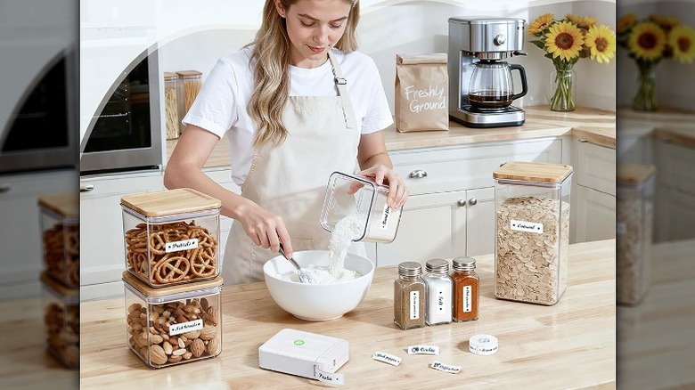 Woman working in kitchen with multiple labeled containers and the label maker placed on the counter.