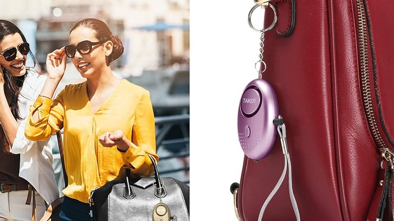 Vertically split image with one showing two women with a purse on the left and a backpack with talker gadget on the right.