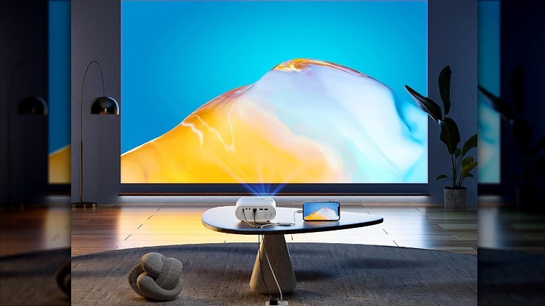 Smartphone connected to a projector which is projecting the content on a larger screen.