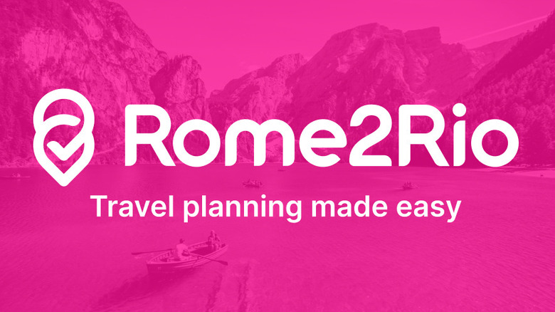 The Rome2Rio logo on a picture with a strong pink filter