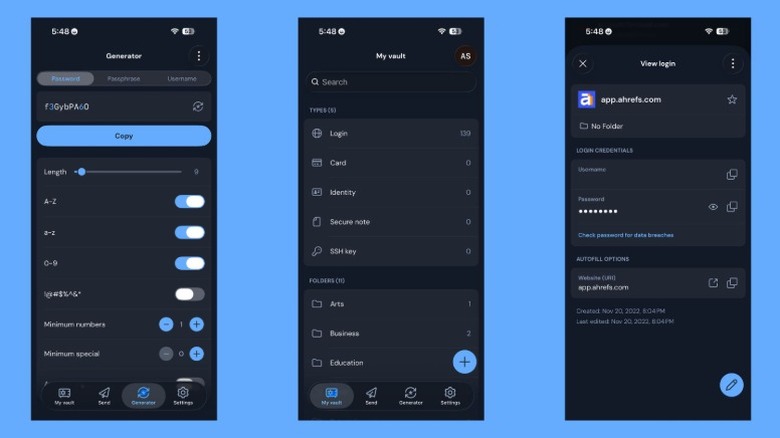 A collection of screenshots from the password manager app Bitwarden. Screenshots show the password generator, vault, and view login features.