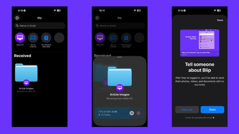 A collection of screenshots of the file-sharing app Blip. Screenshots show a file being transferred, the Blip home screen, and the invite screen.