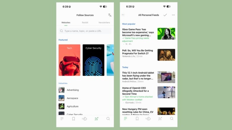 A collection of screenshots of the RSS reader app Feedly, showing the personal feeds and sources screens.