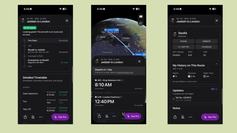 A collection of screenshots of the Flighty app, showing various information about a flight from Jeddah to London