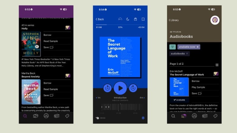 A collection of screenshots of the Libby app. The screenshots show the audiobook player, the ebooks section, and the audiobooks section