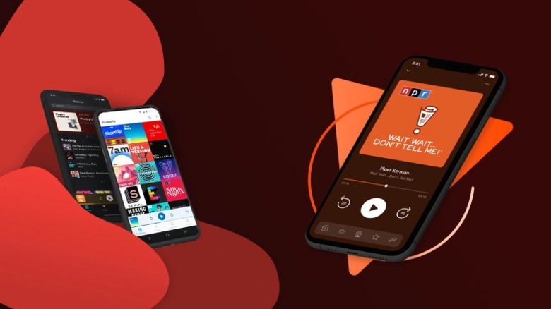 A product render of the Pocket Casts app displaying its various screens across iPhones